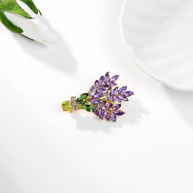 Elegant Lavender Bouquet Alloy Enamel Rhinestone Brooch, Purple Wheat Leaf Lapel Pin Corsage Suit Accessory Gift