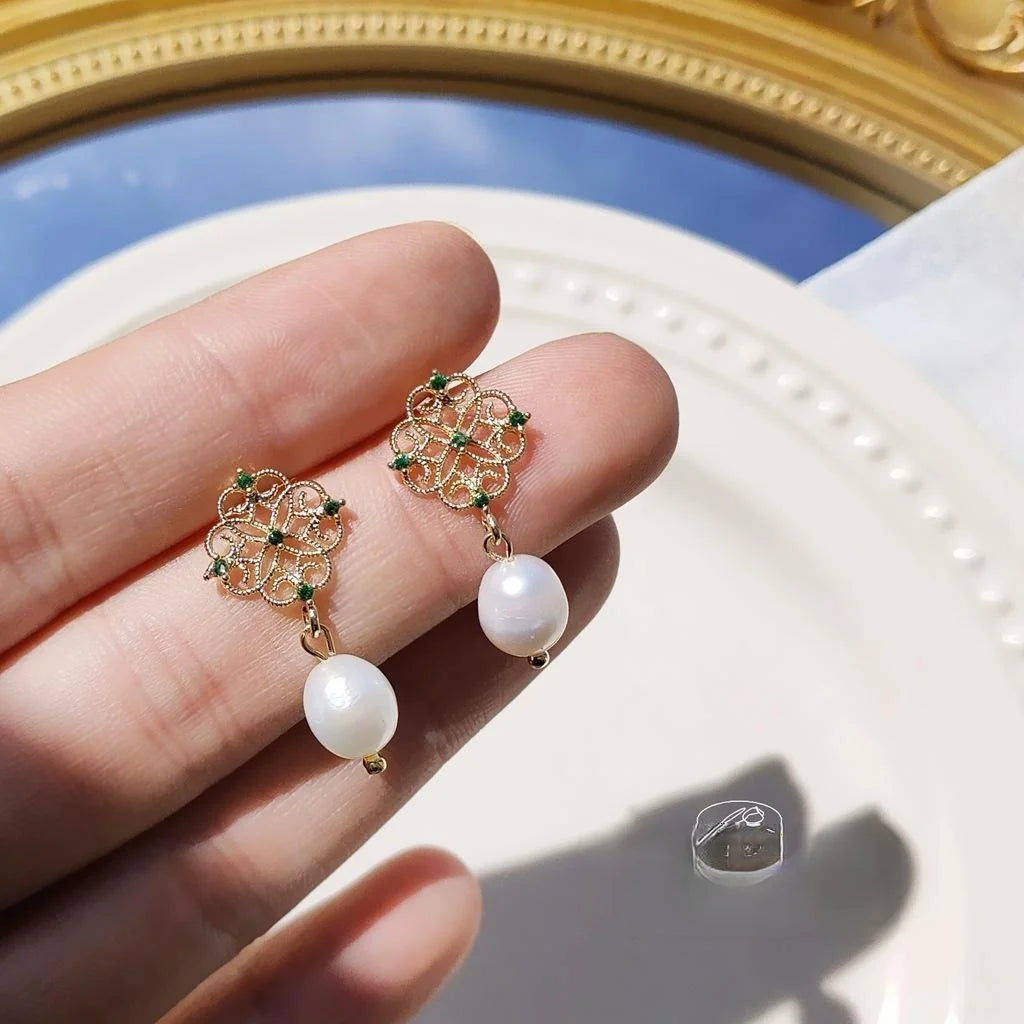 14K Gold Plated Lace Hollow Freshwater Pearl Zircon Stud Earrings French Elegant Jewelry