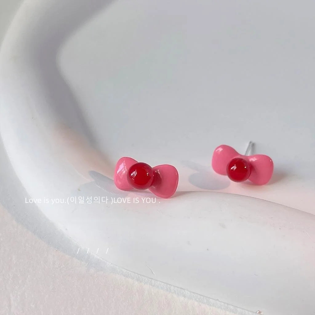 Cute Pink Enamel Bow Stud Earrings Silver Plated Pin Metal Sweet Jewelry