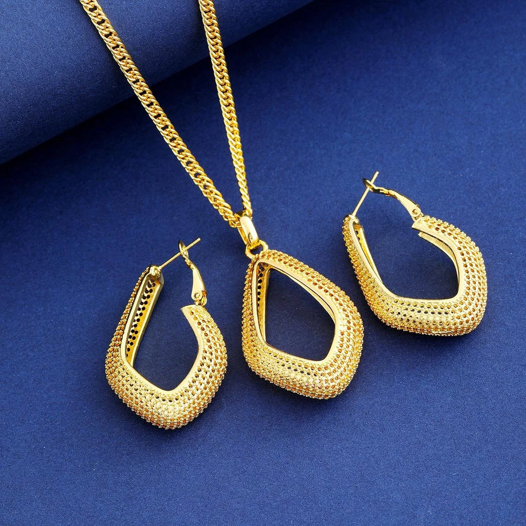 Luxury 24K Gold Plated Alloy Necklace And Hoop Earrings Jewelry Set, Hollow Geometric Bridal Jewelry For Wedding Gift