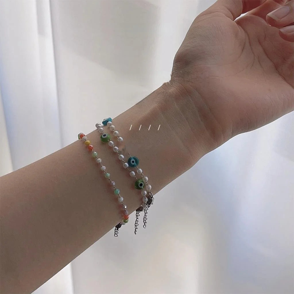 Japanese Korean Style Rainbow Glass Crystal Beaded Steel Tassel Bracelet For Women
