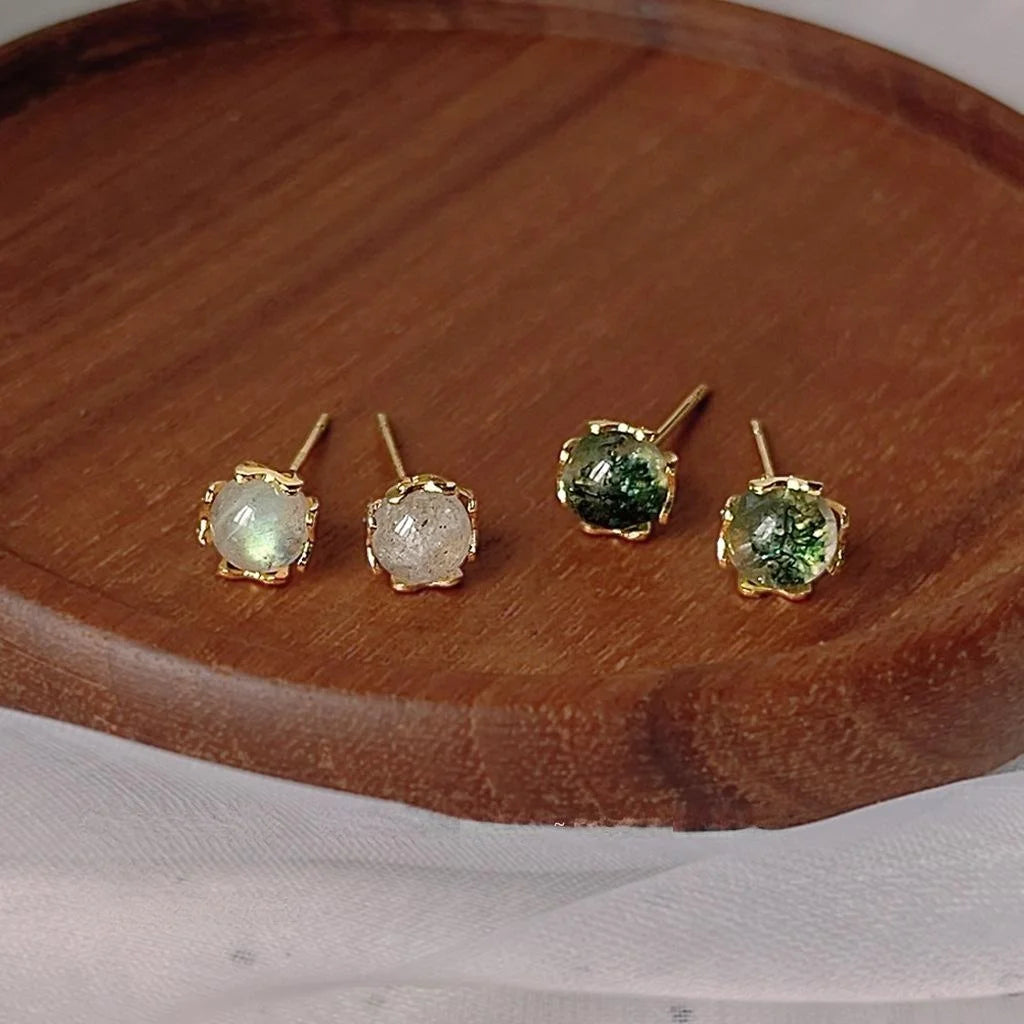 Natural Stone Green Phantom Round Stud Earrings 14K Plated Mini Fresh Style