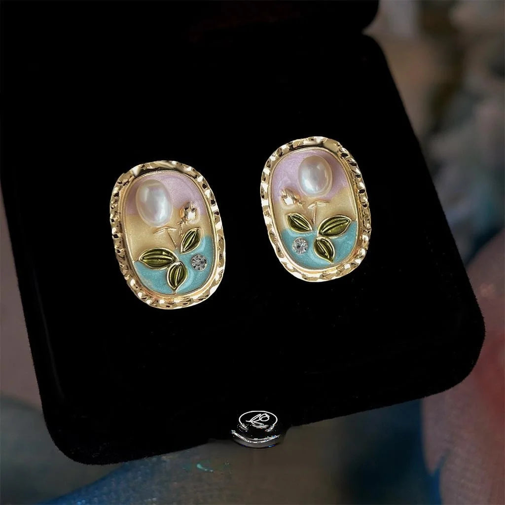 Freshwater Pearl 14K Plated Enamel Floral Pastoral Copper Drop Earrings