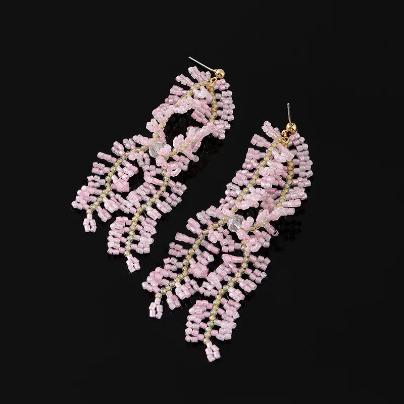 Elegant Pink Flower Beaded Long Tassel Alloy Stud & Clip On No Piercing Handmade Fringe Earrings