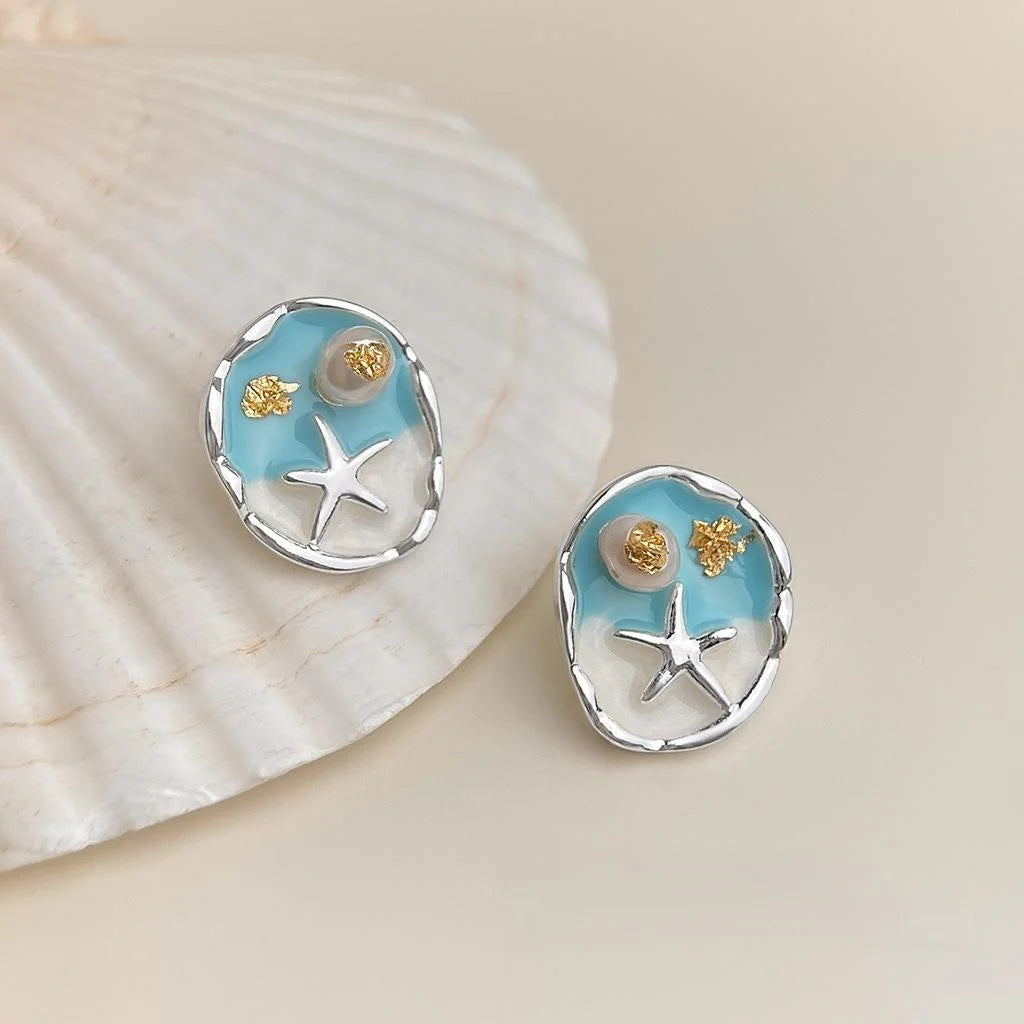 Sweet Freshwater Pearl Enamel Starfish Drop Earrings Silver Plated Beach Vacation Jewelry