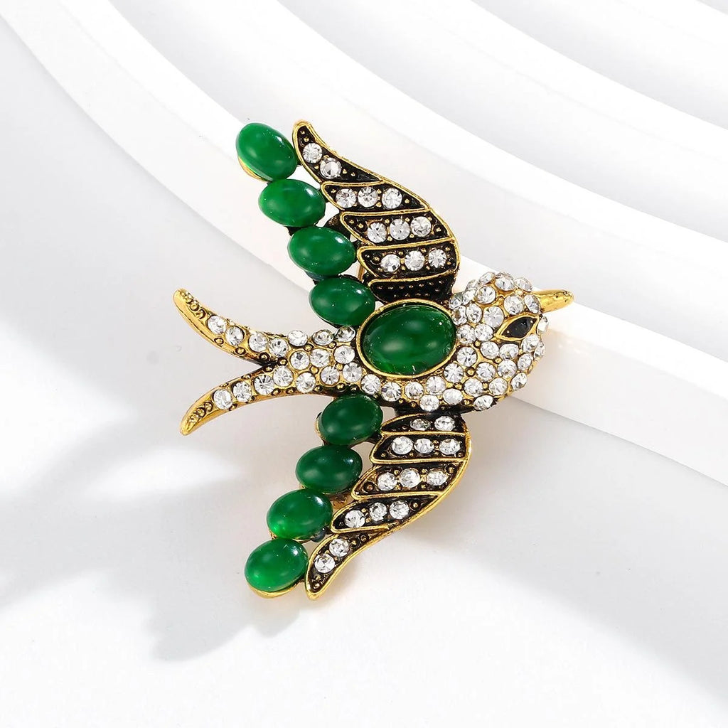 Elegant Chinese Style Swift Bird Brooch With Green Cabochon And Rhinestones, Alloy Lapel Pin Gift