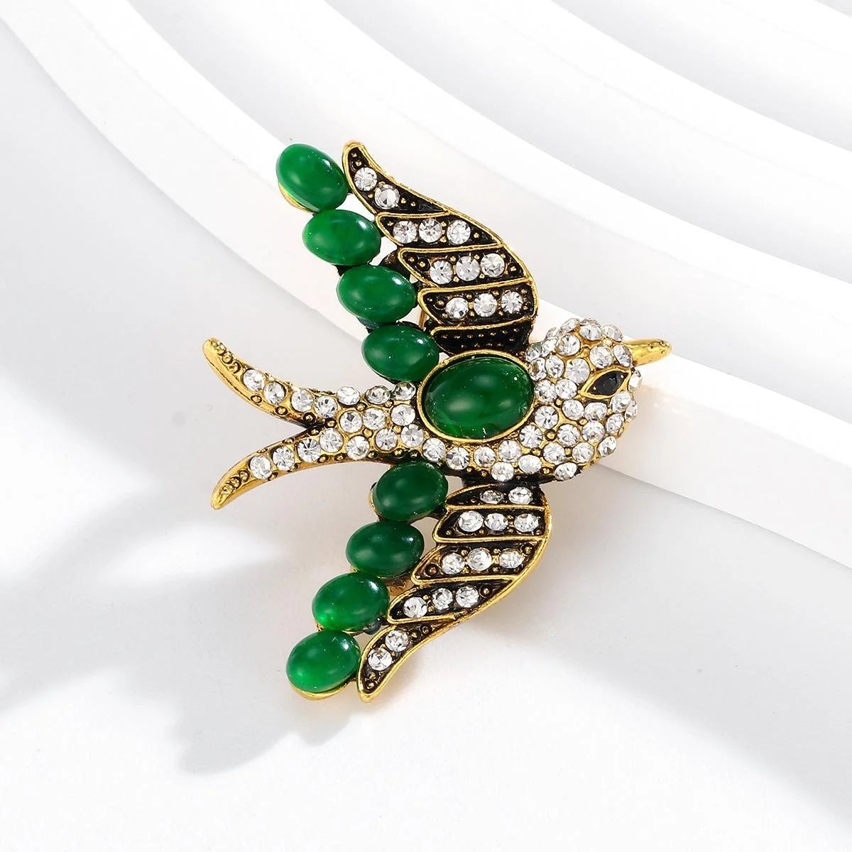 Elegant Chinese Style Swift Bird Brooch With Green Cabochon And Rhinestones, Alloy Lapel Pin Gift