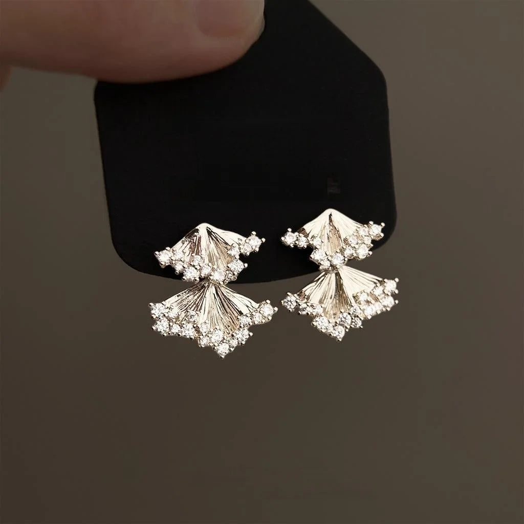 Champagne Gold Micro Pave Zircon Geometric Ginkgo Leaf Tassel Drop Earrings Eco Copper