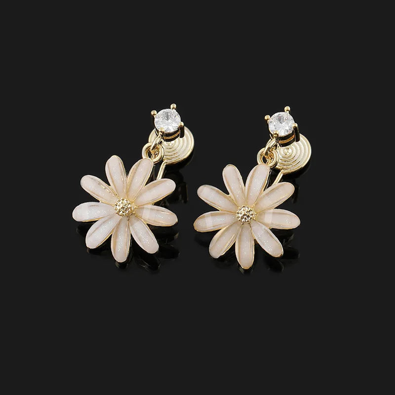 Elegant Enamel Daisy Flower Zircon Dangle Stud & Clip On No Piercing Gold Alloy Women's Earrings