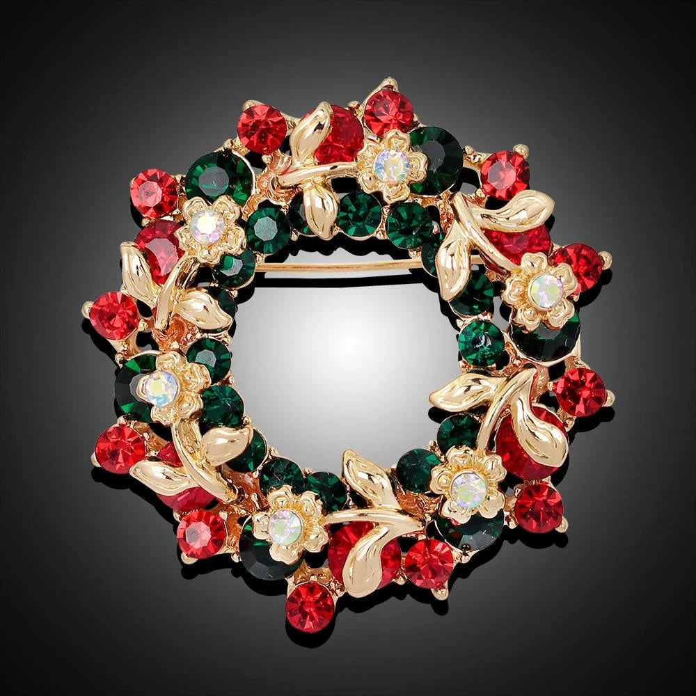 Elegant Christmas Wreath Brooch With Red Green Rhinestones And Gold Alloy Leaves, Lapel Pin Corsage Gift