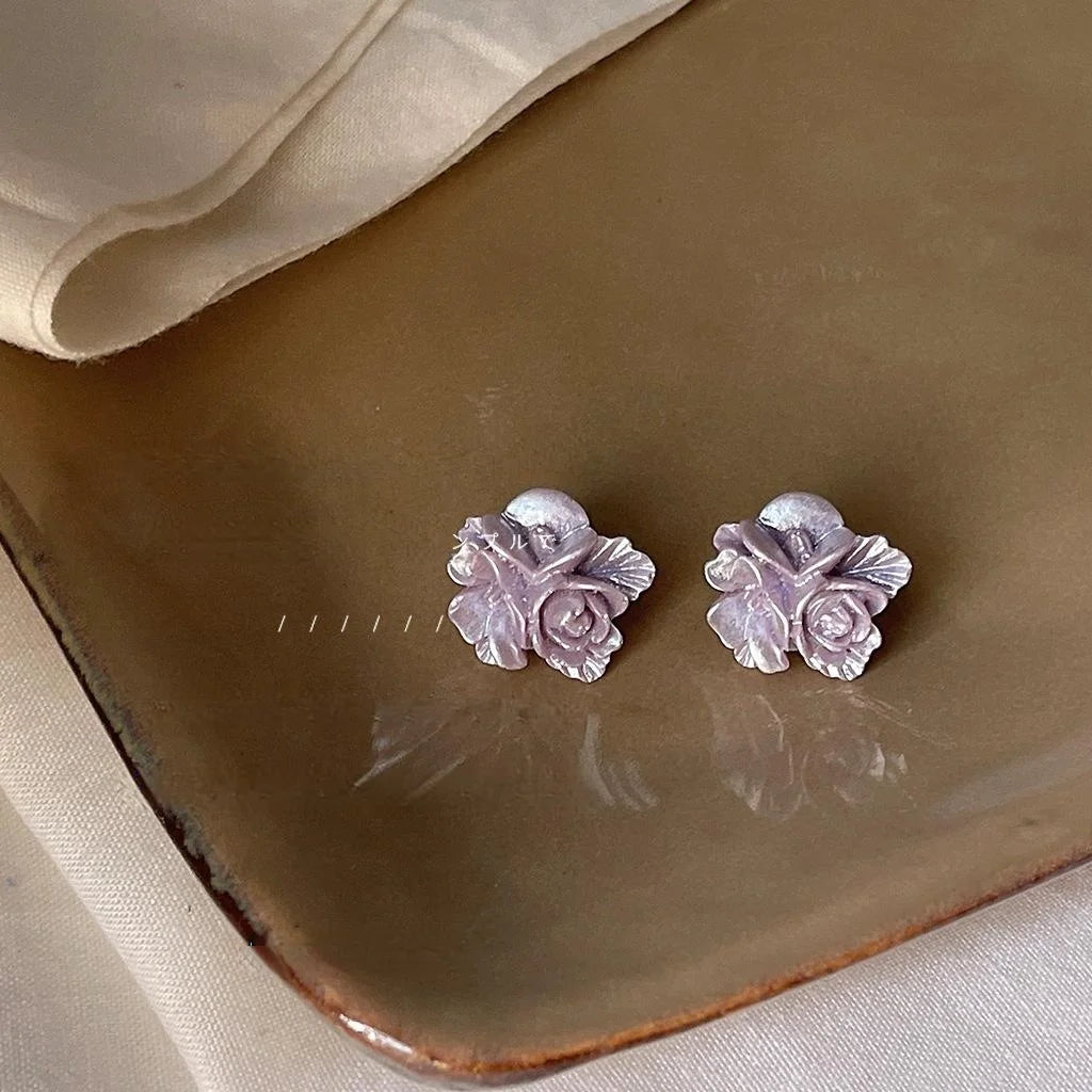 Forest Style Purple Resin Flower Stud Earrings With Silver Plated Pins For Women