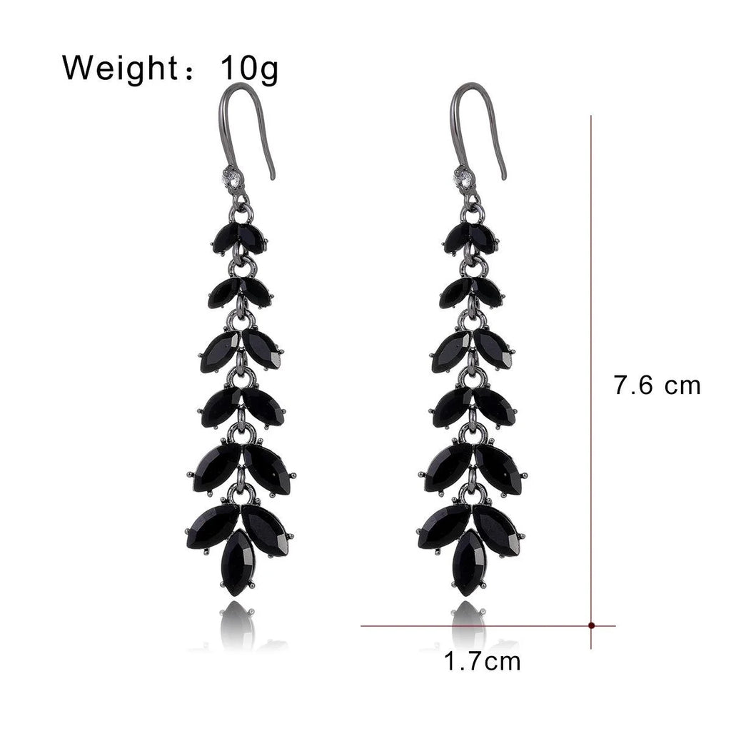 Elegant Long Crystal Leaf Tassel Earrings, Silver Alloy Rhinestone Floral Dangle Jewelry For Wedding Party