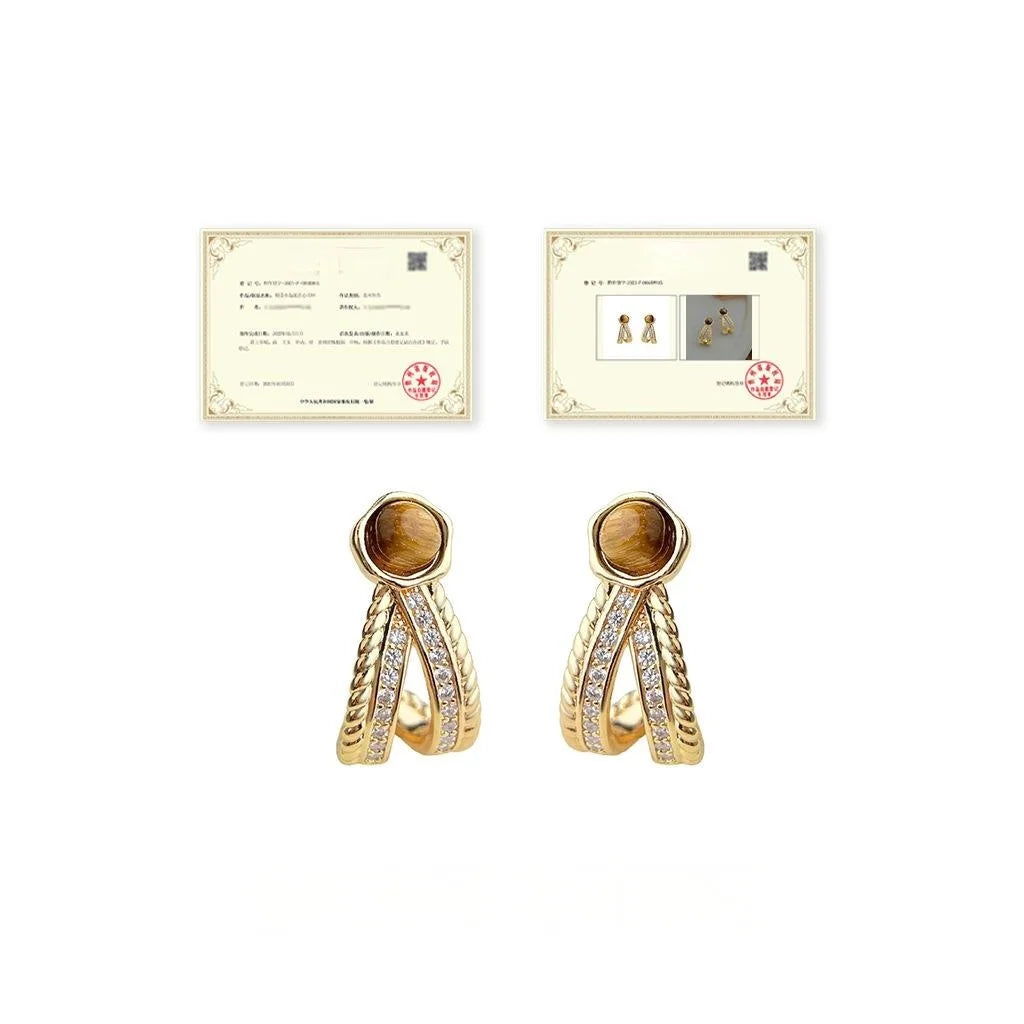 French Vintage Old Money Geometric Tiger Eye Zircon C Shape Eco Copper Drop Earrings