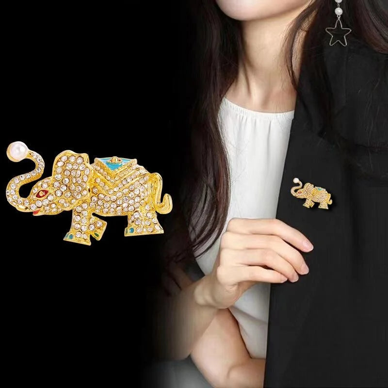 Luxury Rhinestone Elephant Brooch With Enamel Saddle And Faux Pearl, Elegant Animal Lapel Pin Corsage Gift