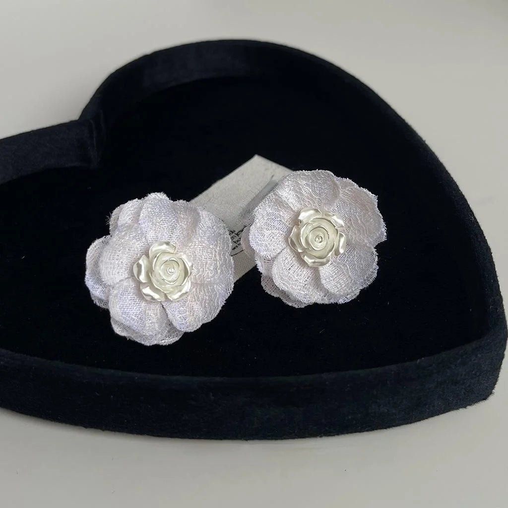 Fairy Style White Mesh Fabric Big Flower Drop Earrings Handmade Statement Floral Summer Jewelry