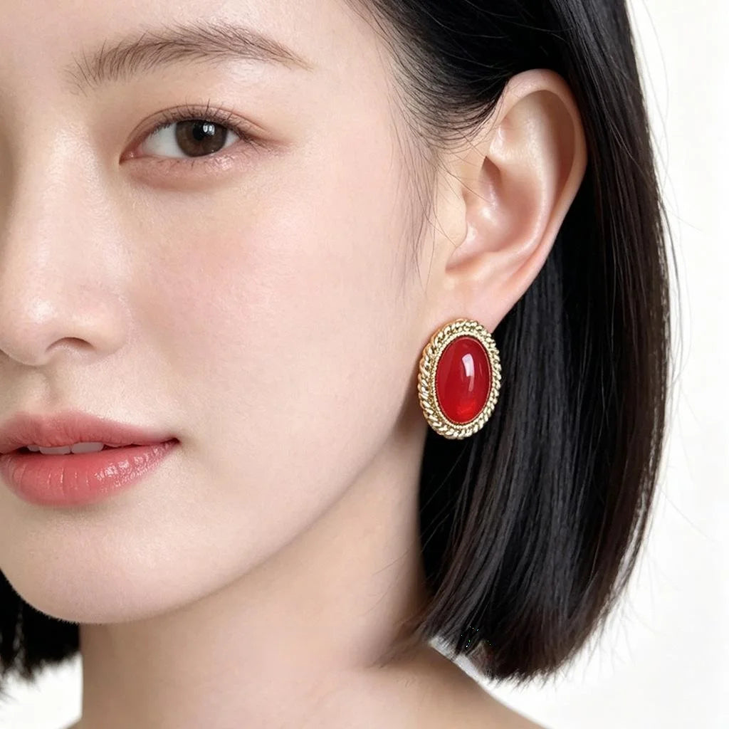 French Vintage 14K Plated Copper Oval Burgundy Geometric Stud Earrings Hong Kong Style For Women