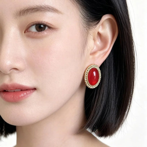 French Vintage 14K Plated Copper Oval Burgundy Geometric Stud Earrings Hong Kong Style For Women