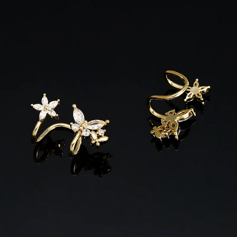 Elegant Gold Alloy Micro Pave Zircon Butterfly Flower Ear Cuff Stud & Clip On No Piercing Earrings