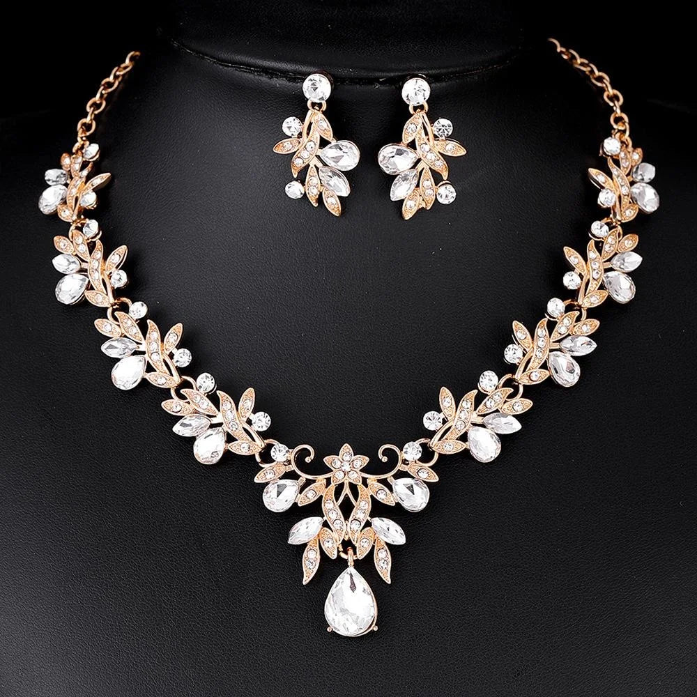 Luxury Rose Gold Leaf Crystal Rhinestone Bridal Jewelry Set For Wedding Banquet Party Gift