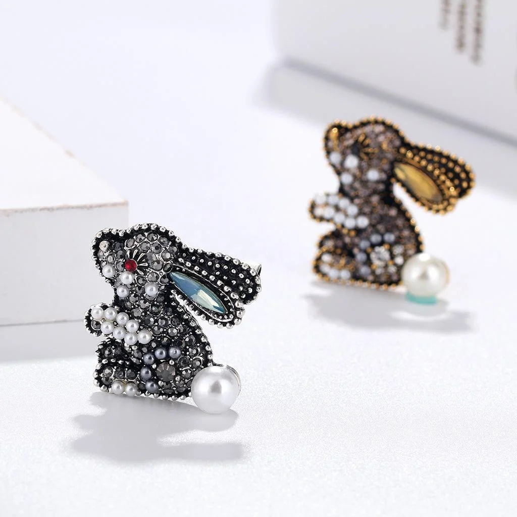 Cute Rabbit Brooch With Black Rhinestones Faux Pearls And Blue Enamel Ear, Elegant Lapel Pin Suit Accessory Gift