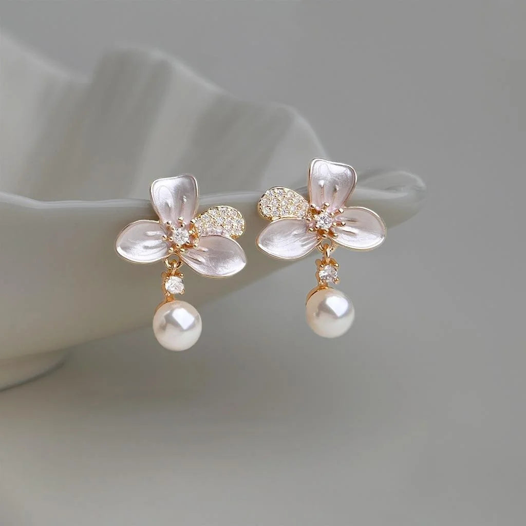 Sweet Elegant Floral Drop Earrings With Micro Pave Zircon And Hand Painted Glass Pearl Flowers