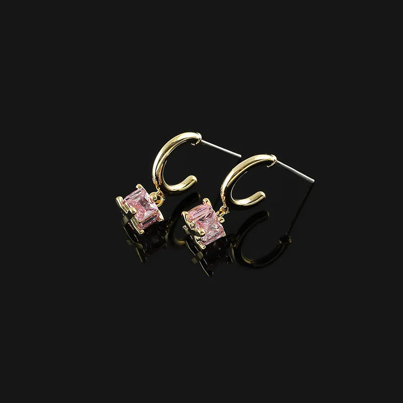 Elegant Spiral Disc Hoop With Square Pink Zircon Alloy Stud & Clip On No Piercing Earrings