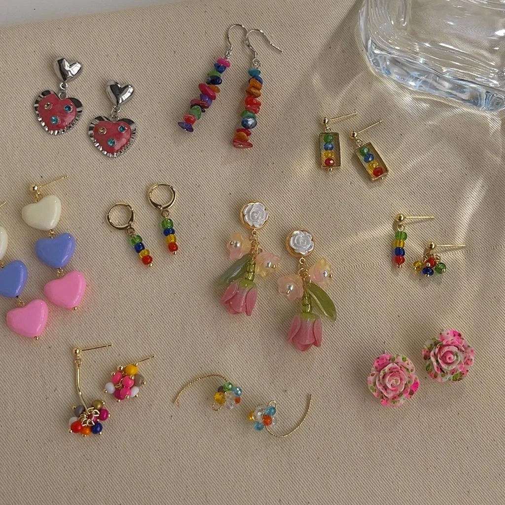 Colorful Dopamine Sweet Summer Copper Heart Tassel Stud Earrings With Silver Plated Pins