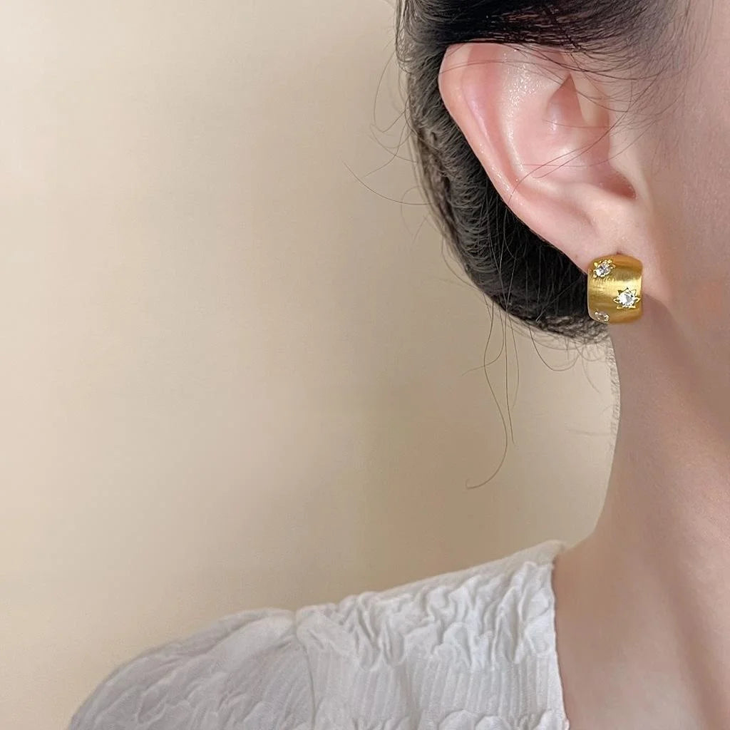 14K Gold Plated Copper Micro Pave Zircon Brushed Matte Geometric Half Hoop Stud Earrings