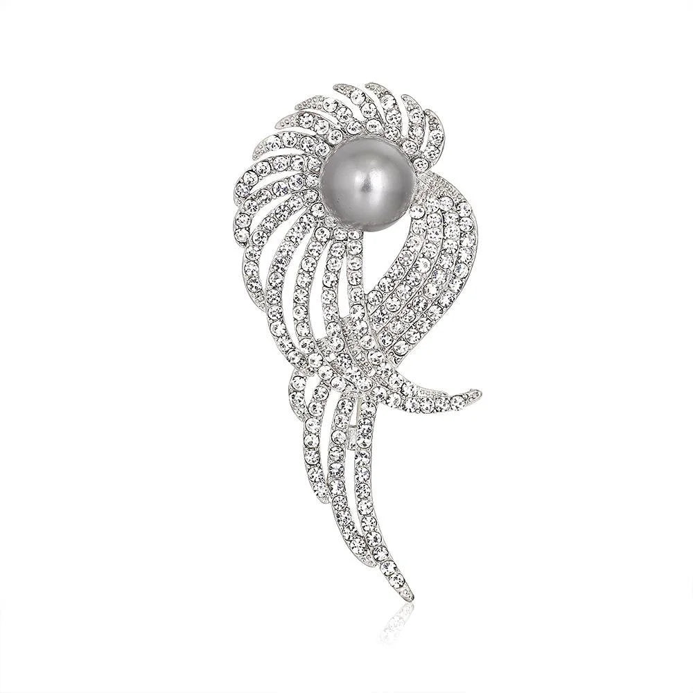 Elegant Alloy Rhinestone Wing Brooch With Faux Pearl Center, Sparkling Lapel Pin Corsage Suit Accessory
