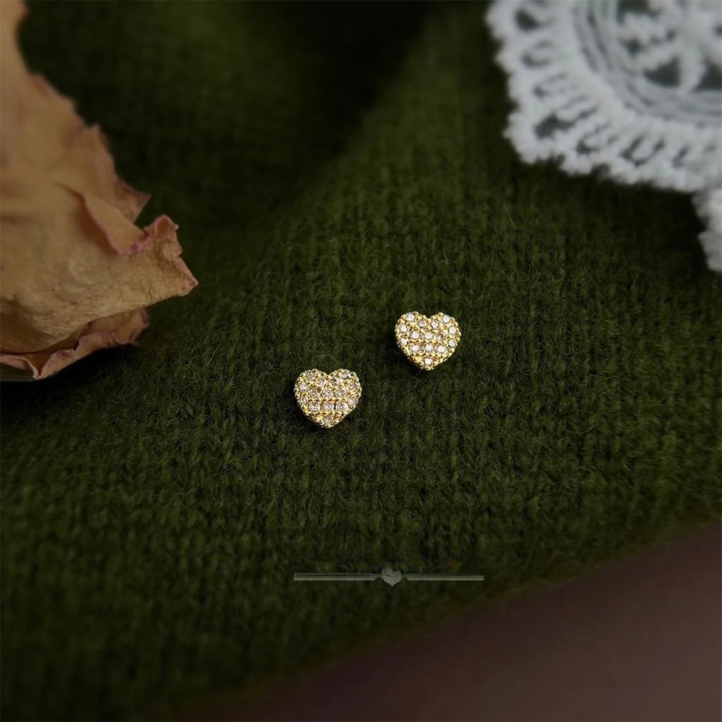 Mini Heart Zircon Micro Pave 14K Plated Copper Stud Earrings For Women