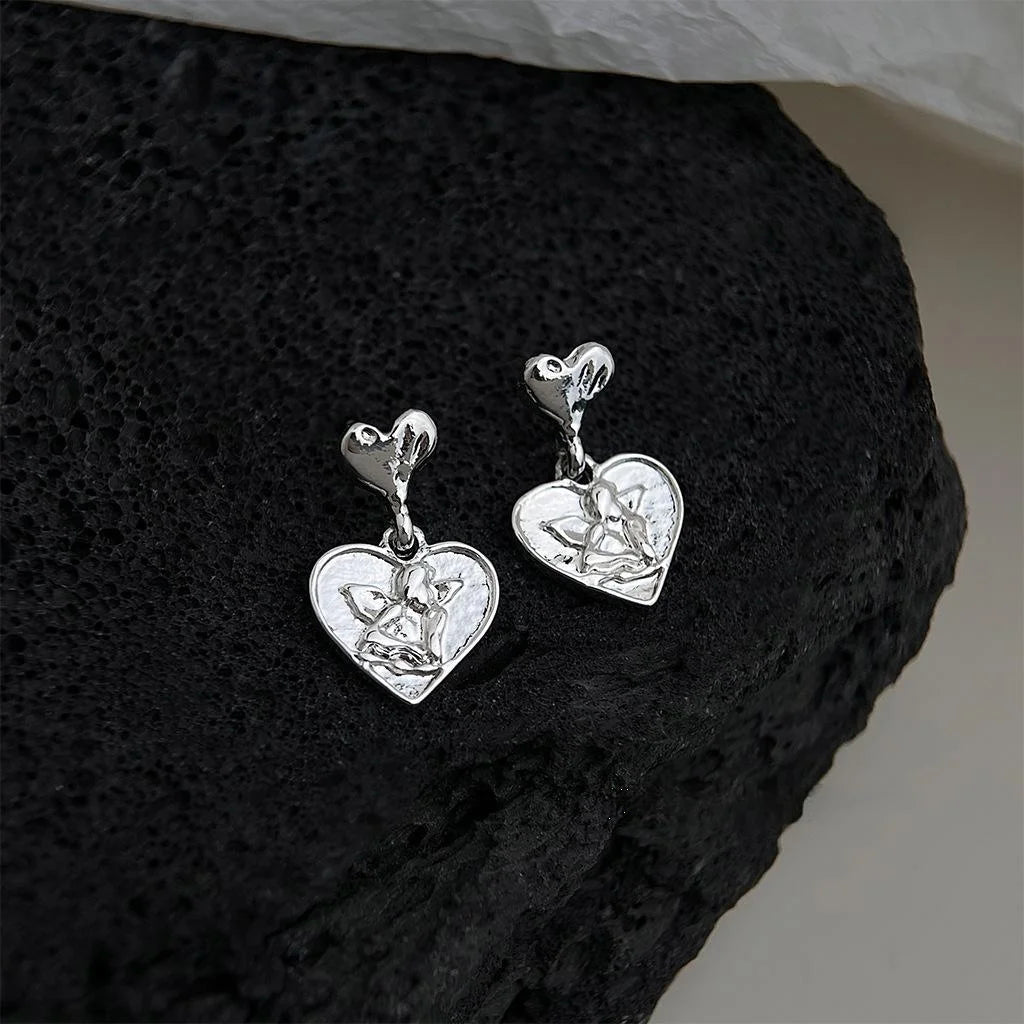 Silver Plated Copper Angel Heart Stud Earrings Korean Minimalist Cool Style Jewelry