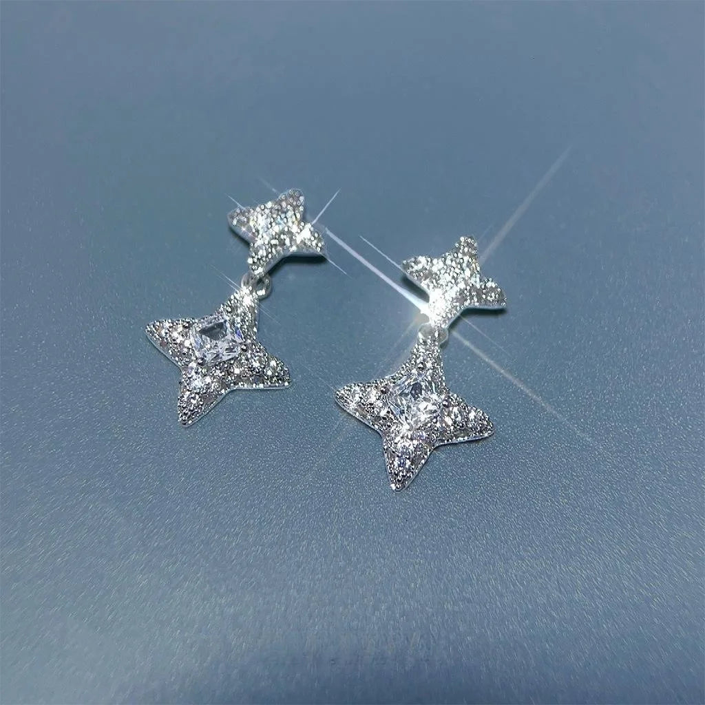 Eco-Friendly Copper Zircon Six-Point Star Tassel Drop Earrings Light Luxury Geometric Jewelry