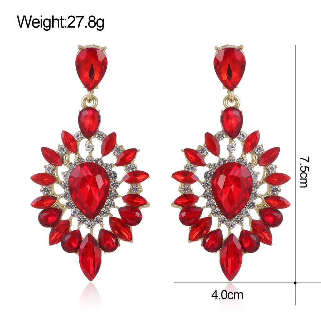 Vintage Luxury Red Crystal Rhinestone Teardrop Dangle Earrings, Gold Tone Alloy Bridal Wedding Party Banquet Gift