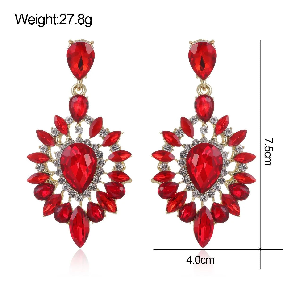 Vintage Luxury Red Crystal Rhinestone Teardrop Dangle Earrings, Gold Tone Alloy Bridal Wedding Party Banquet Gift