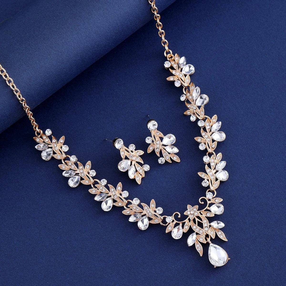 Luxury Rose Gold Leaf Crystal Rhinestone Bridal Jewelry Set For Wedding Banquet Party Gift