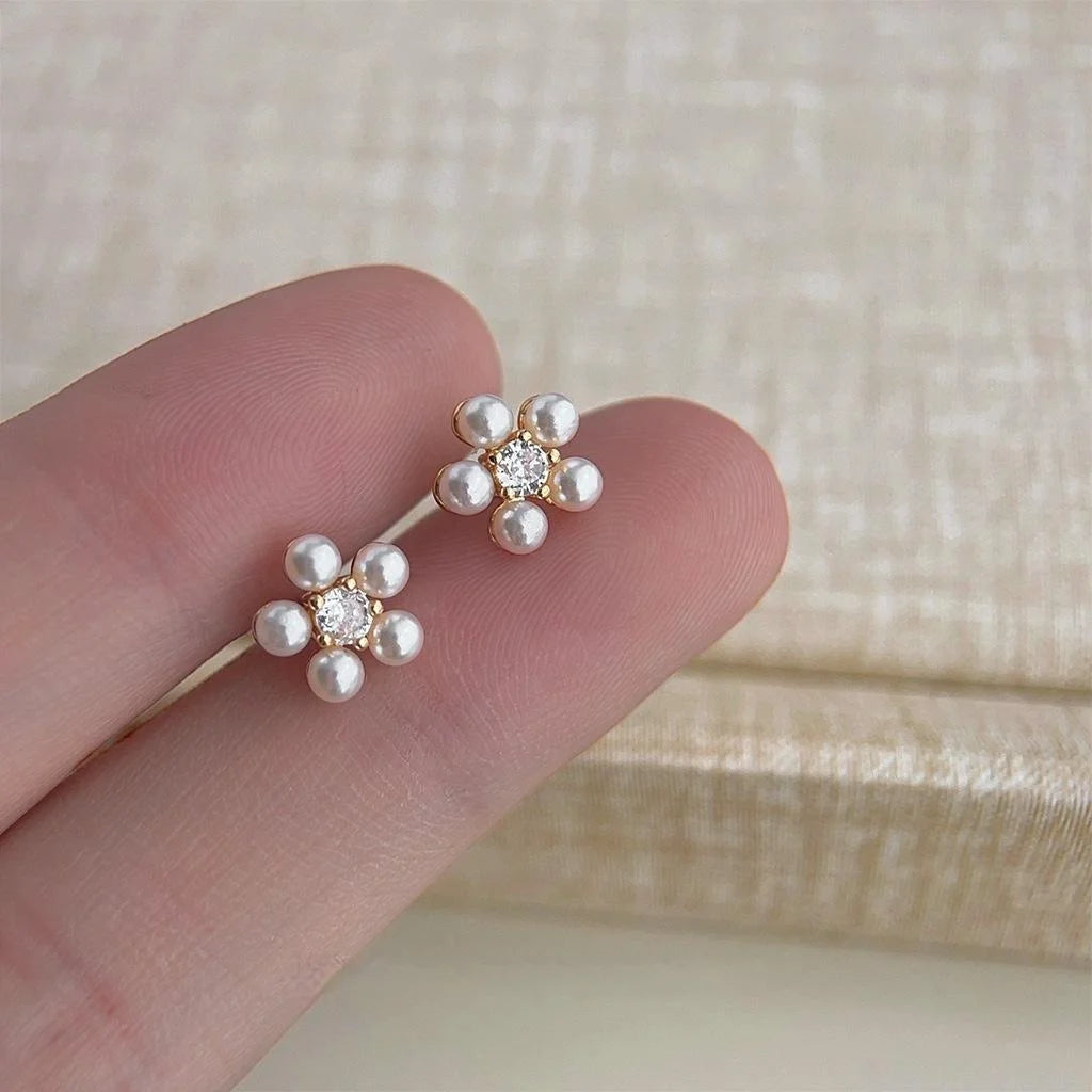 French Vintage Sunflower Pearl Stud Earrings With Micro Pave Zircon, Elegant Floral Silver Plated Pins