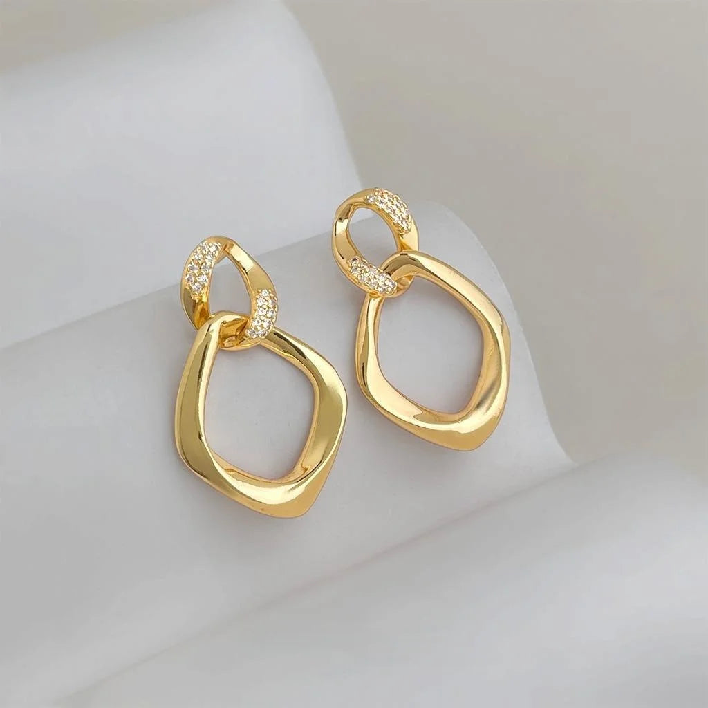 Old Money Copper Zircon Micro Pave Double Layer Geometric Hollow Drop Earrings