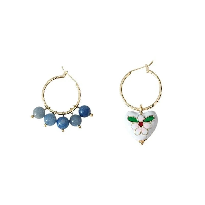 Vintage Asymmetric Heart Stud Earrings 14K Plated Copper Enamel Cloisonne Style Jewelry