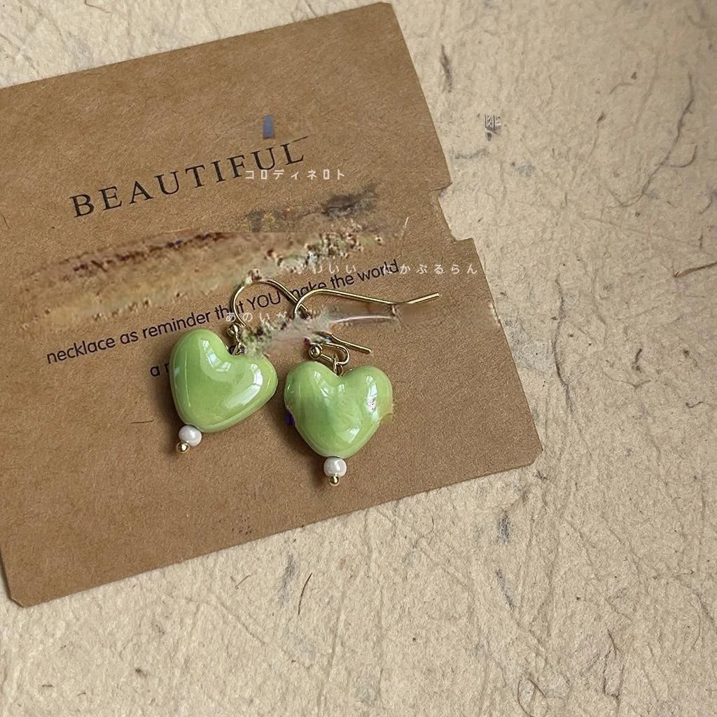 Green Ceramic Heart Drop Earrings Handmade Forest Style Sweet Minimalist Jewelry For Women