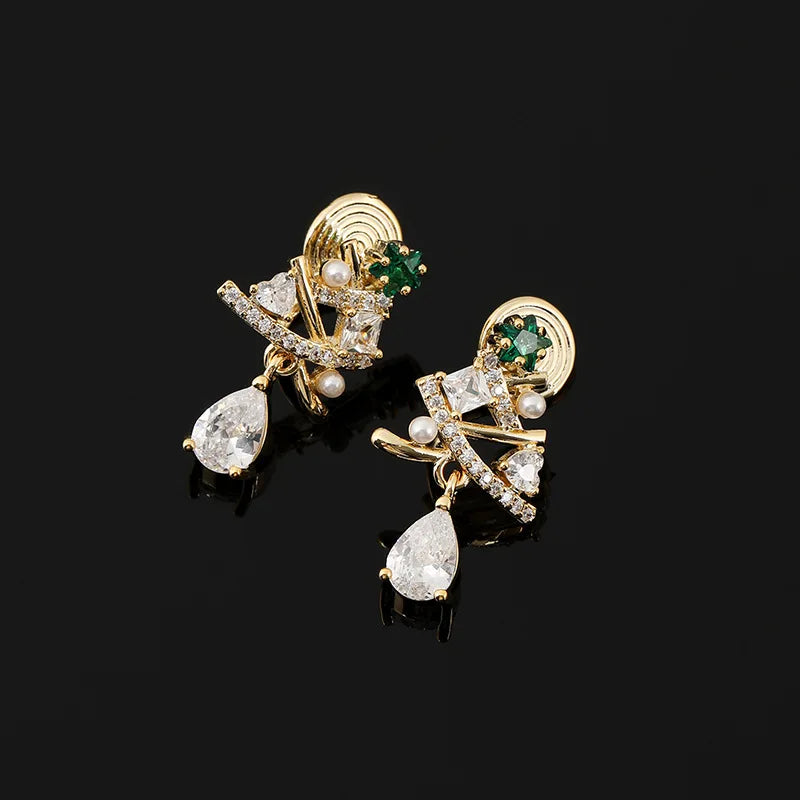Luxury Gold Alloy Green Zircon Christmas Tree Pearl Waterdrop Stud & Clip On No Piercing Earrings