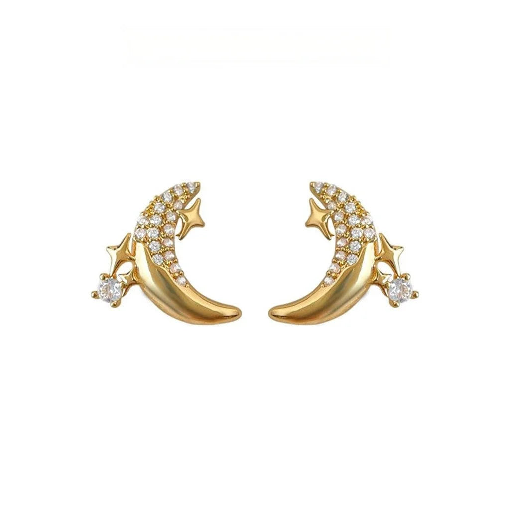 14K Plated Copper Moon Star Zircon Stud Earrings, Fashion Commuter Jewelry