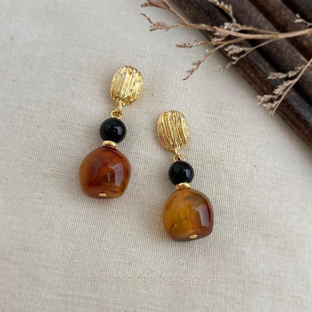 Handmade Maillard Style Ombre Resin Black Onyx Geometric Tassel Drop Earrings With Copper