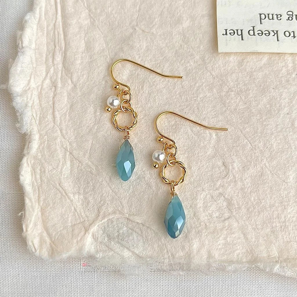 Original Designer Blue Glass Crystal Teardrop Drop Earrings With Pearl Copper Sweet Minimal Jewelry
