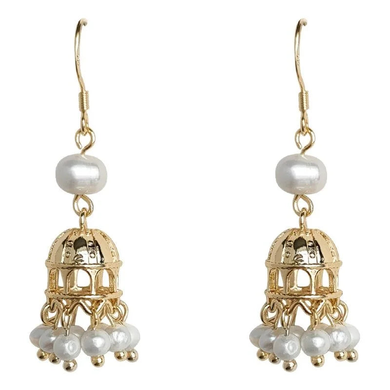 Handmade Freshwater Pearl Tassel Drop Earrings 14K Plated Geometric Light Luxury Jewelry