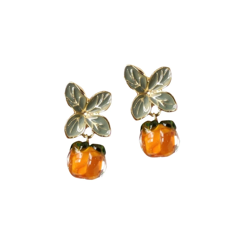 Vintage Japanese Glass Persimmon Drop Earrings 14K Gold Plated Fruit Jewelry