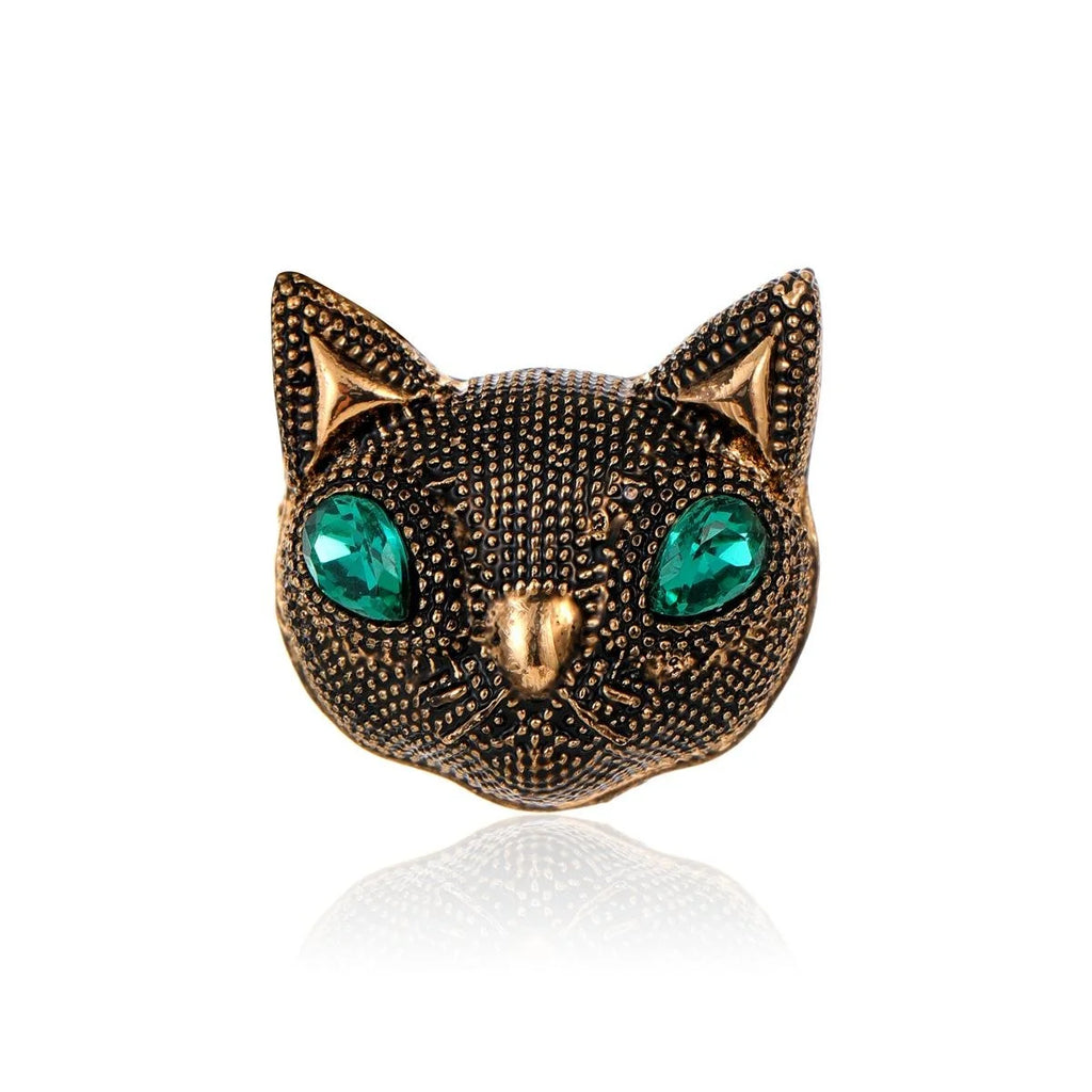 Vintage Cat Head Brooch With Green Rhinestone Eyes, Antique Gold Alloy Lapel Pin For Suit Accessory Gift