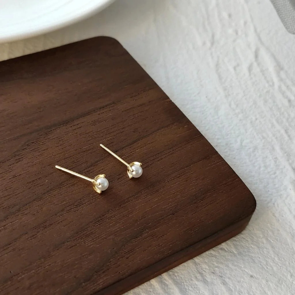 Gold Plated Copper Pearl Stud Earrings Mini Simple Round Geometric Jewelry