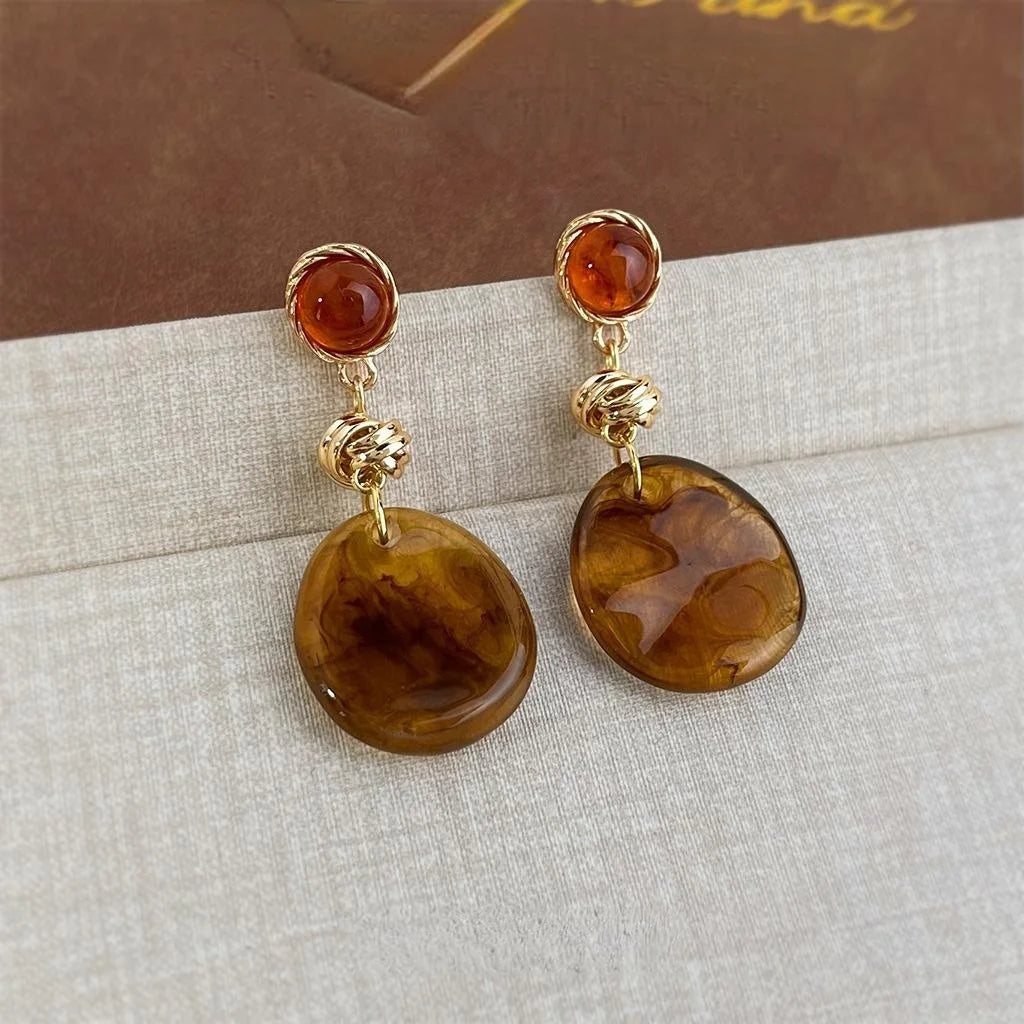 Handmade Maillard Style Amber Resin Geometric Tassel Drop Earrings