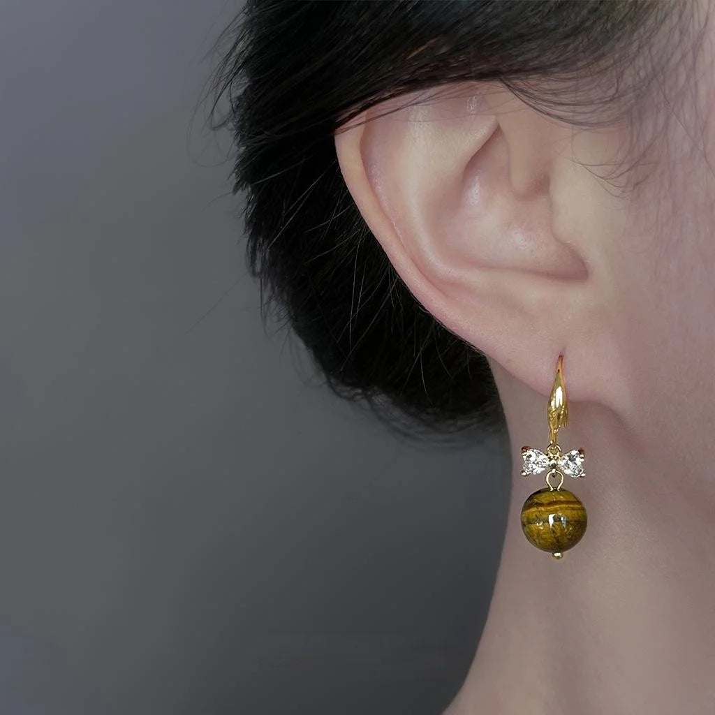 Natural Tiger Eye Stone Bow Drop Earrings Copper Zircon Maillard Style Elegant Jewelry