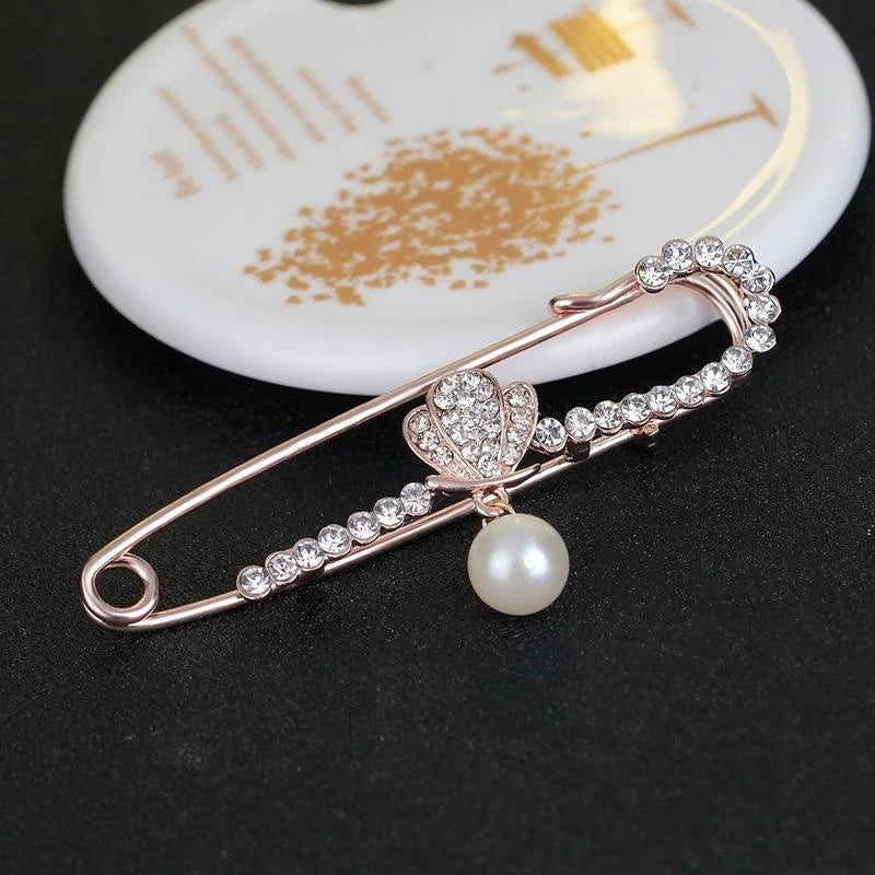 Elegant Gold Alloy Safety Pin Brooch With Rhinestone Bow Heart And Pearl Charm, Women's Lapel Pin Gift